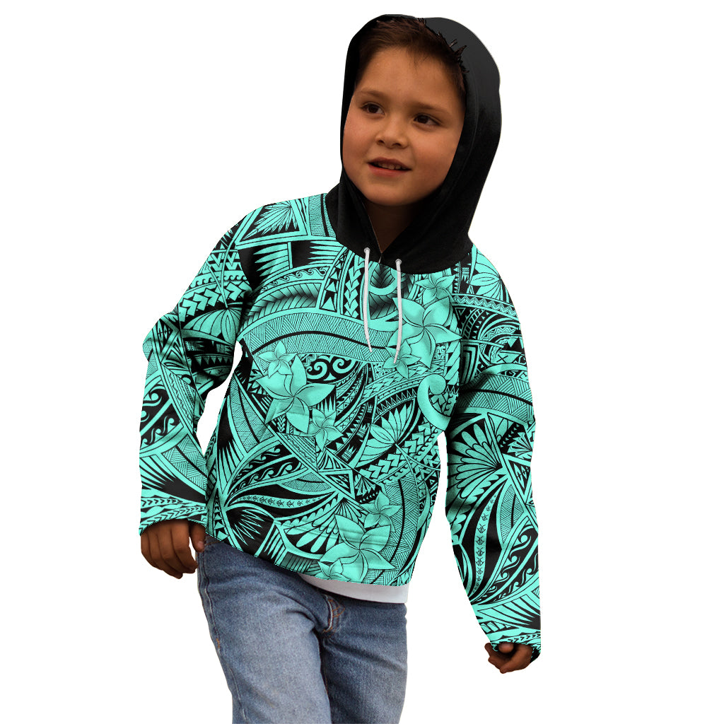 Polynesia Kid Hoodie Tribal Polynesian Spirit With Teal Pacific Flowers - Wonder Print Shop