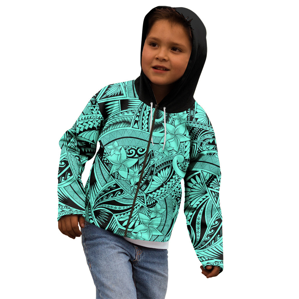 Polynesia Kid Hoodie Tribal Polynesian Spirit With Teal Pacific Flowers - Wonder Print Shop