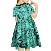 Polynesia Kid Short Sleeve Dress Tribal Polynesian Spirit With Teal Pacific Flowers - Wonder Print Shop