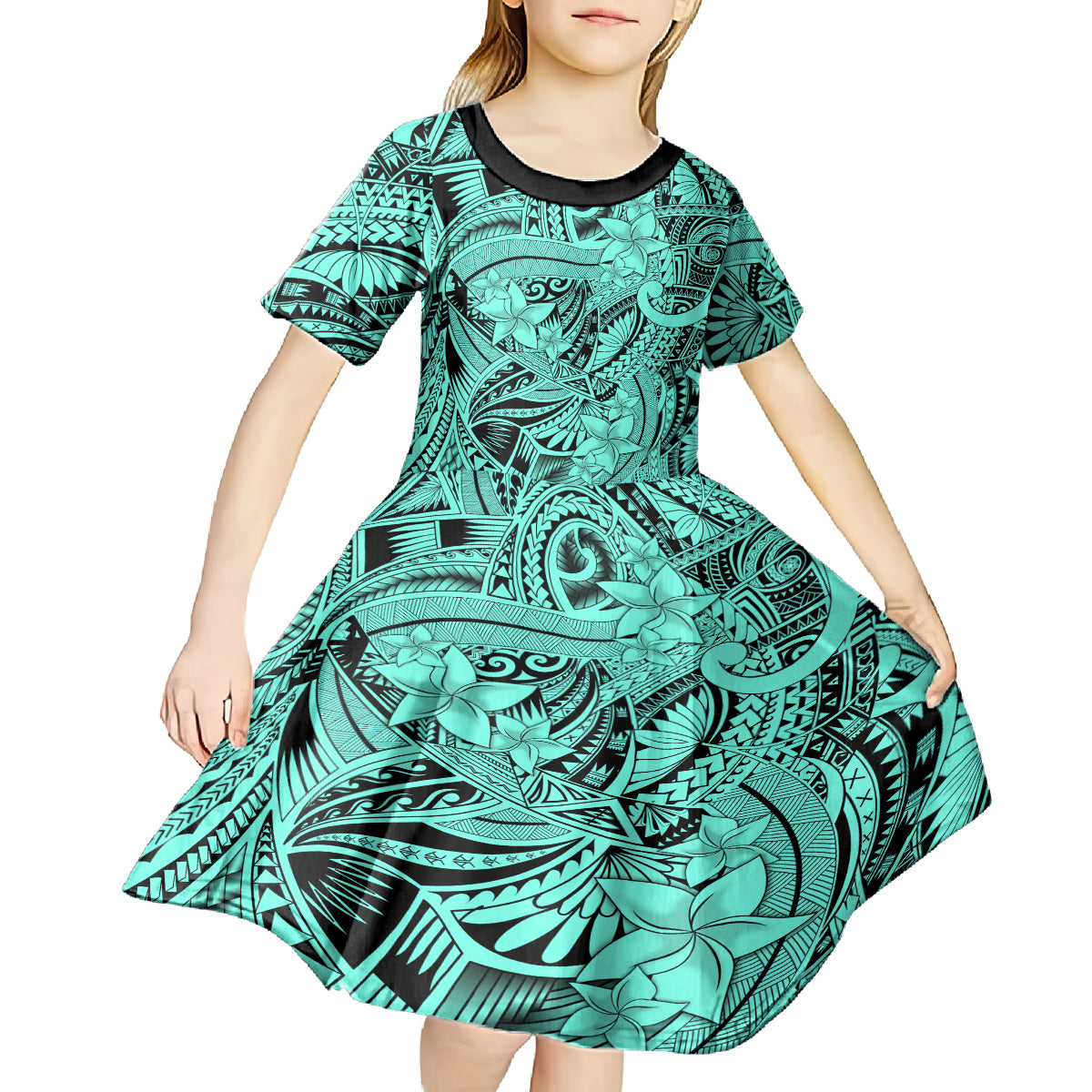 Polynesia Kid Short Sleeve Dress Tribal Polynesian Spirit With Teal Pacific Flowers - Wonder Print Shop