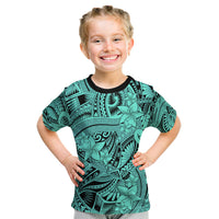 Polynesia Kid T Shirt Tribal Polynesian Spirit With Teal Pacific Flowers - Wonder Print Shop