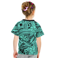 Polynesia Kid T Shirt Tribal Polynesian Spirit With Teal Pacific Flowers - Wonder Print Shop