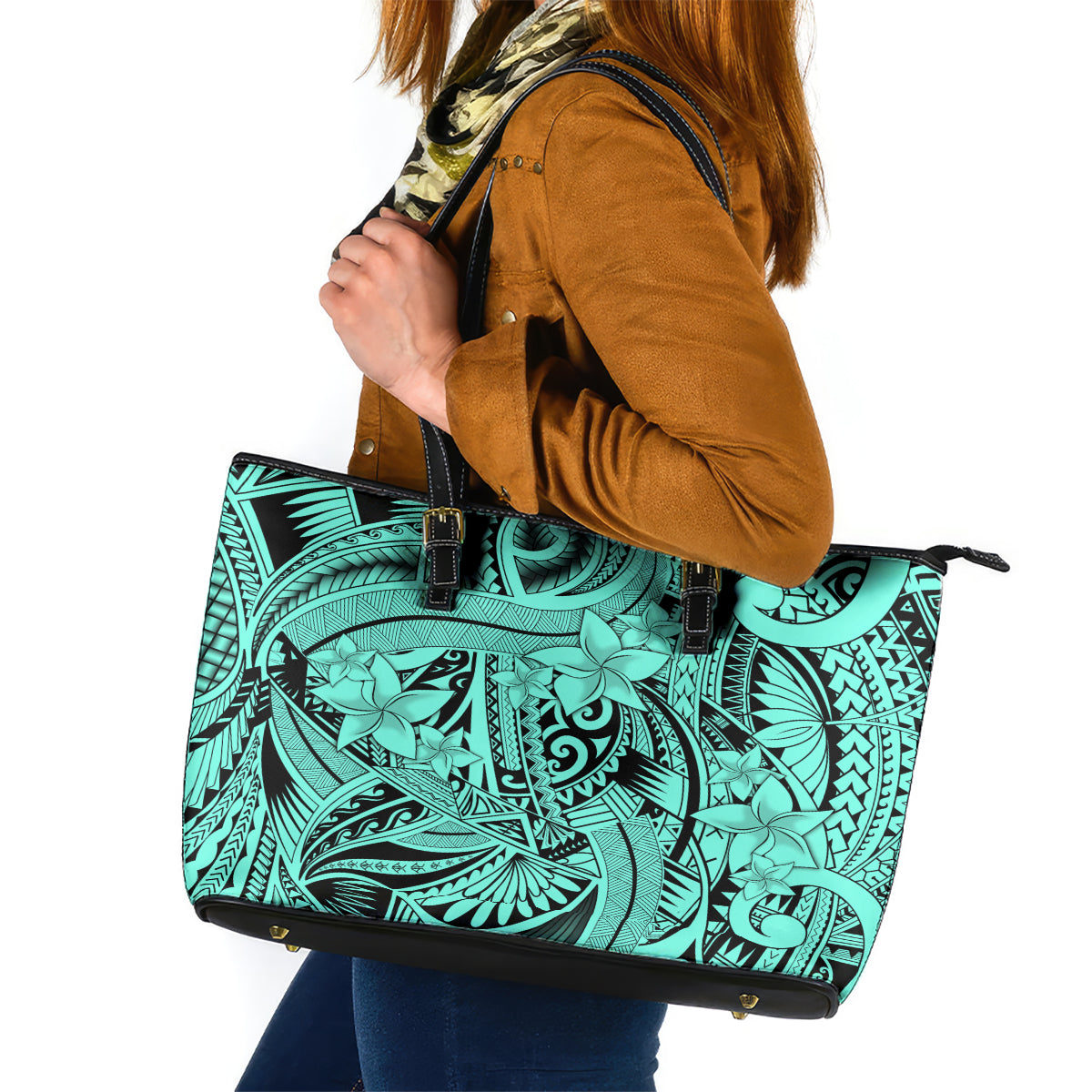 Polynesia Leather Tote Bag Tribal Polynesian Spirit With Teal Pacific Flowers - Wonder Print Shop