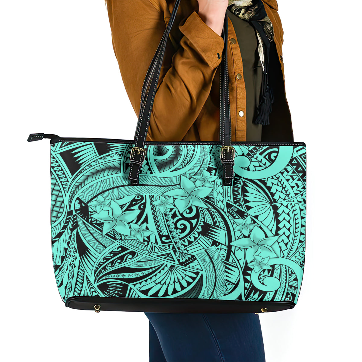 Polynesia Leather Tote Bag Tribal Polynesian Spirit With Teal Pacific Flowers - Wonder Print Shop
