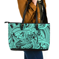 Polynesia Leather Tote Bag Tribal Polynesian Spirit With Teal Pacific Flowers - Wonder Print Shop