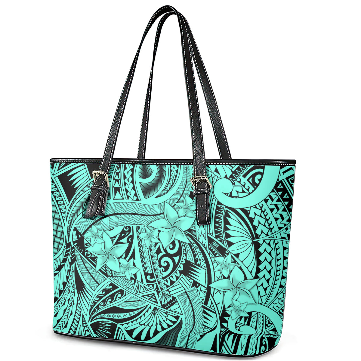 Polynesia Leather Tote Bag Tribal Polynesian Spirit With Teal Pacific Flowers - Wonder Print Shop