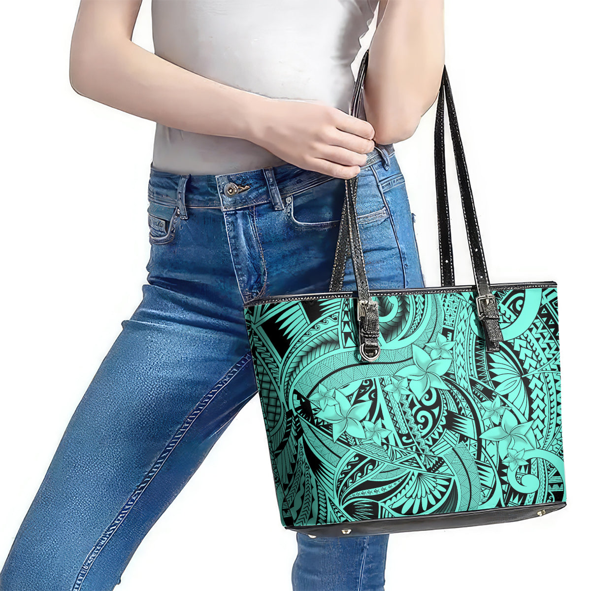 Polynesia Leather Tote Bag Tribal Polynesian Spirit With Teal Pacific Flowers - Wonder Print Shop