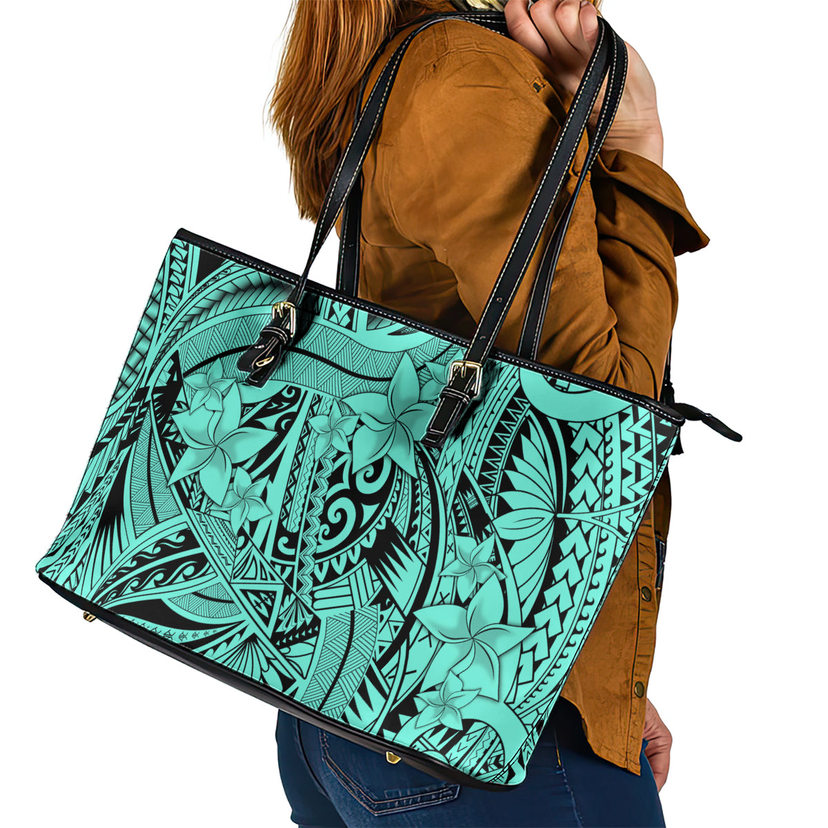 Polynesia Leather Tote Bag Tribal Polynesian Spirit With Teal Pacific Flowers - Wonder Print Shop