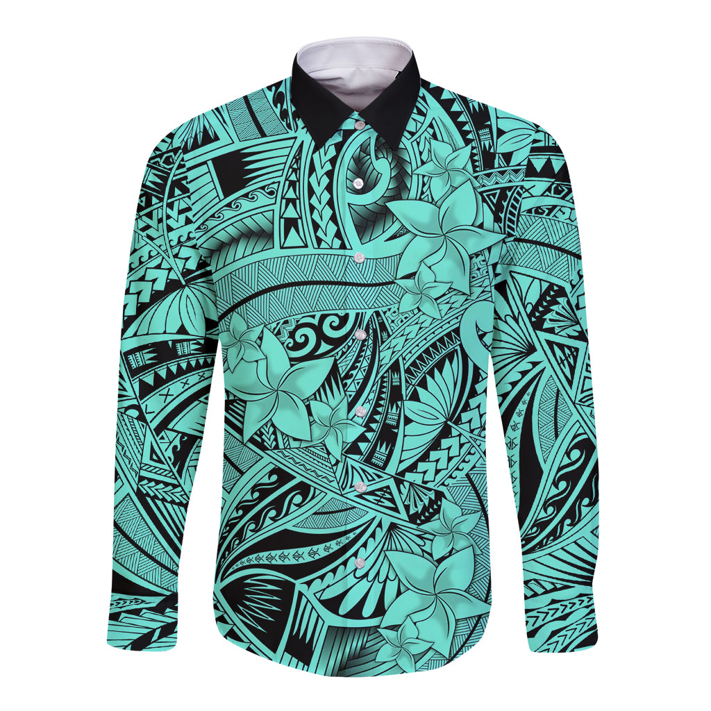 Polynesia Long Sleeve Button Shirt Tribal Polynesian Spirit With Teal Pacific Flowers - Wonder Print Shop