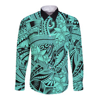 Polynesia Long Sleeve Button Shirt Tribal Polynesian Spirit With Teal Pacific Flowers - Wonder Print Shop