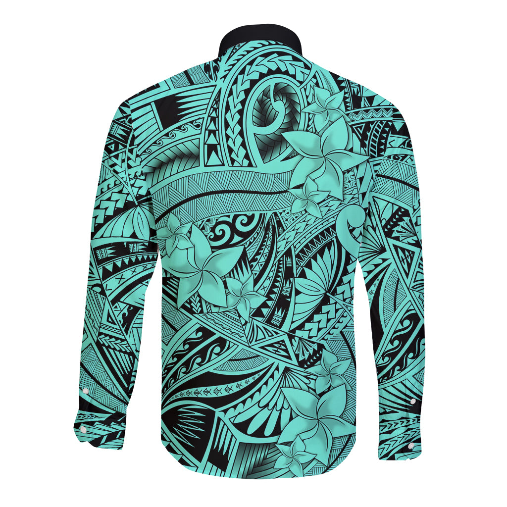 Polynesia Long Sleeve Button Shirt Tribal Polynesian Spirit With Teal Pacific Flowers - Wonder Print Shop