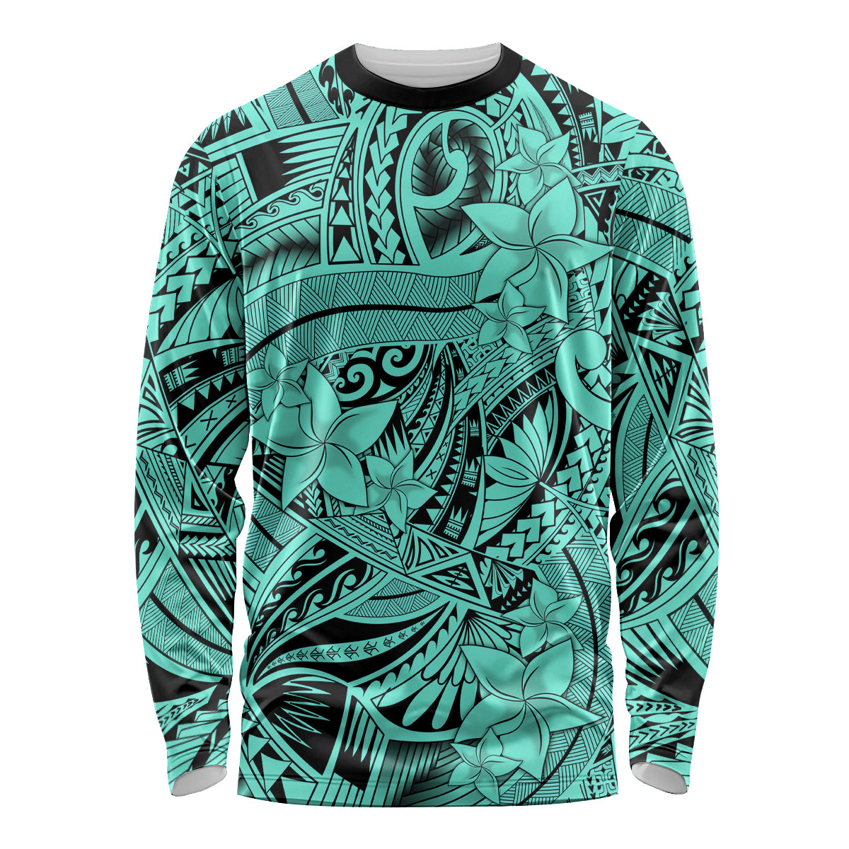 Polynesia Long Sleeve Shirt Tribal Polynesian Spirit With Teal Pacific Flowers - Wonder Print Shop