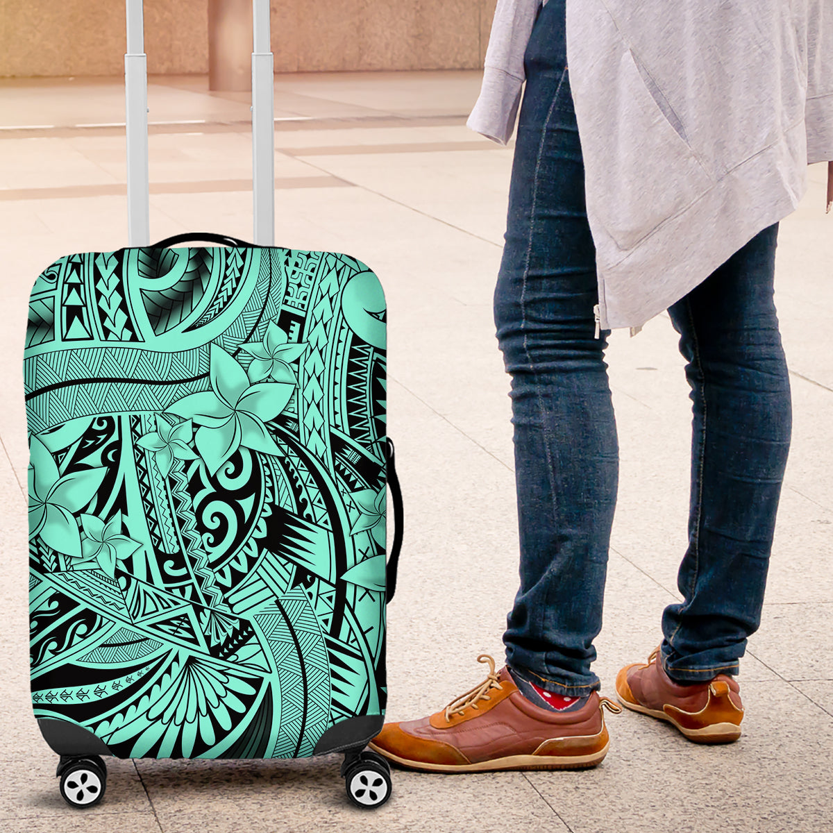Polynesia Luggage Cover Tribal Polynesian Spirit With Teal Pacific Flowers - Wonder Print Shop