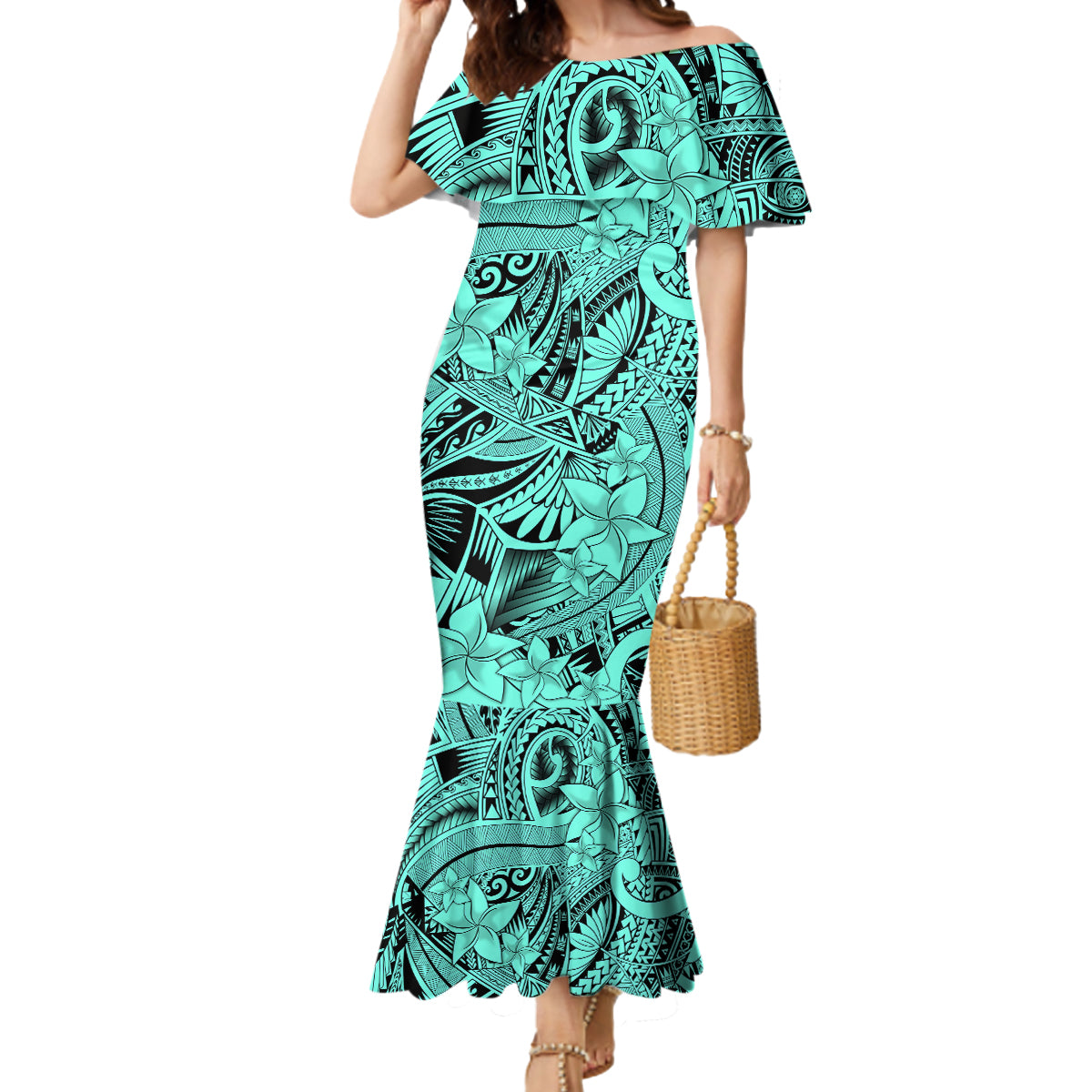 Polynesia Mermaid Dress Tribal Polynesian Spirit With Teal Pacific Flowers - Wonder Print Shop