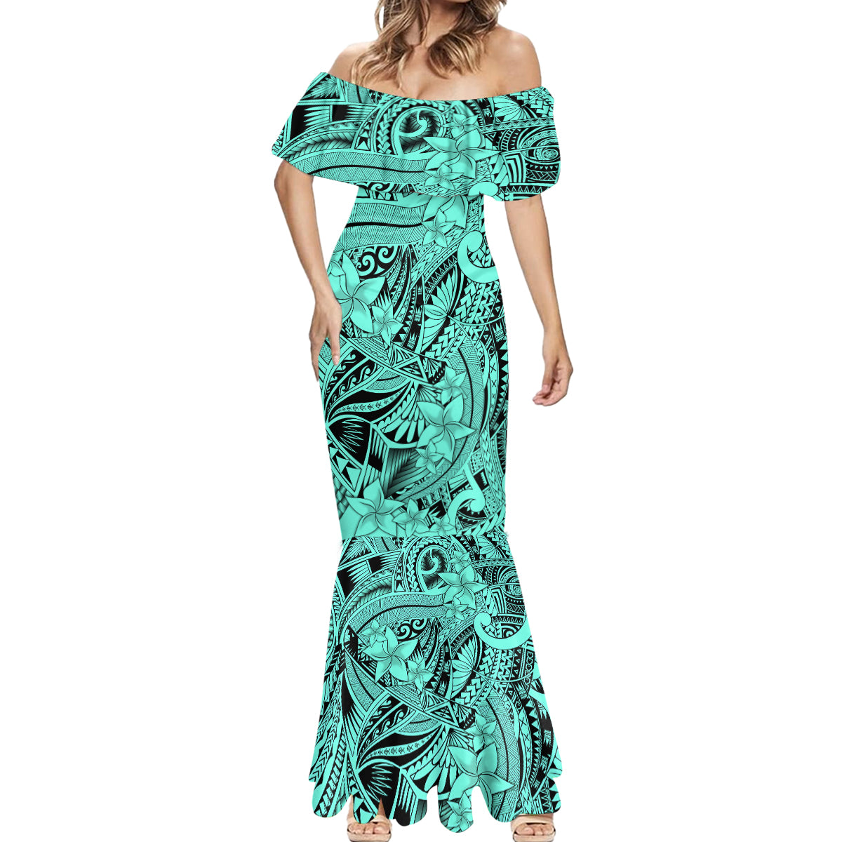 Polynesia Mermaid Dress Tribal Polynesian Spirit With Teal Pacific Flowers - Wonder Print Shop