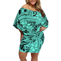 Polynesia Off Shoulder Short Dress Tribal Polynesian Spirit With Teal Pacific Flowers - Wonder Print Shop