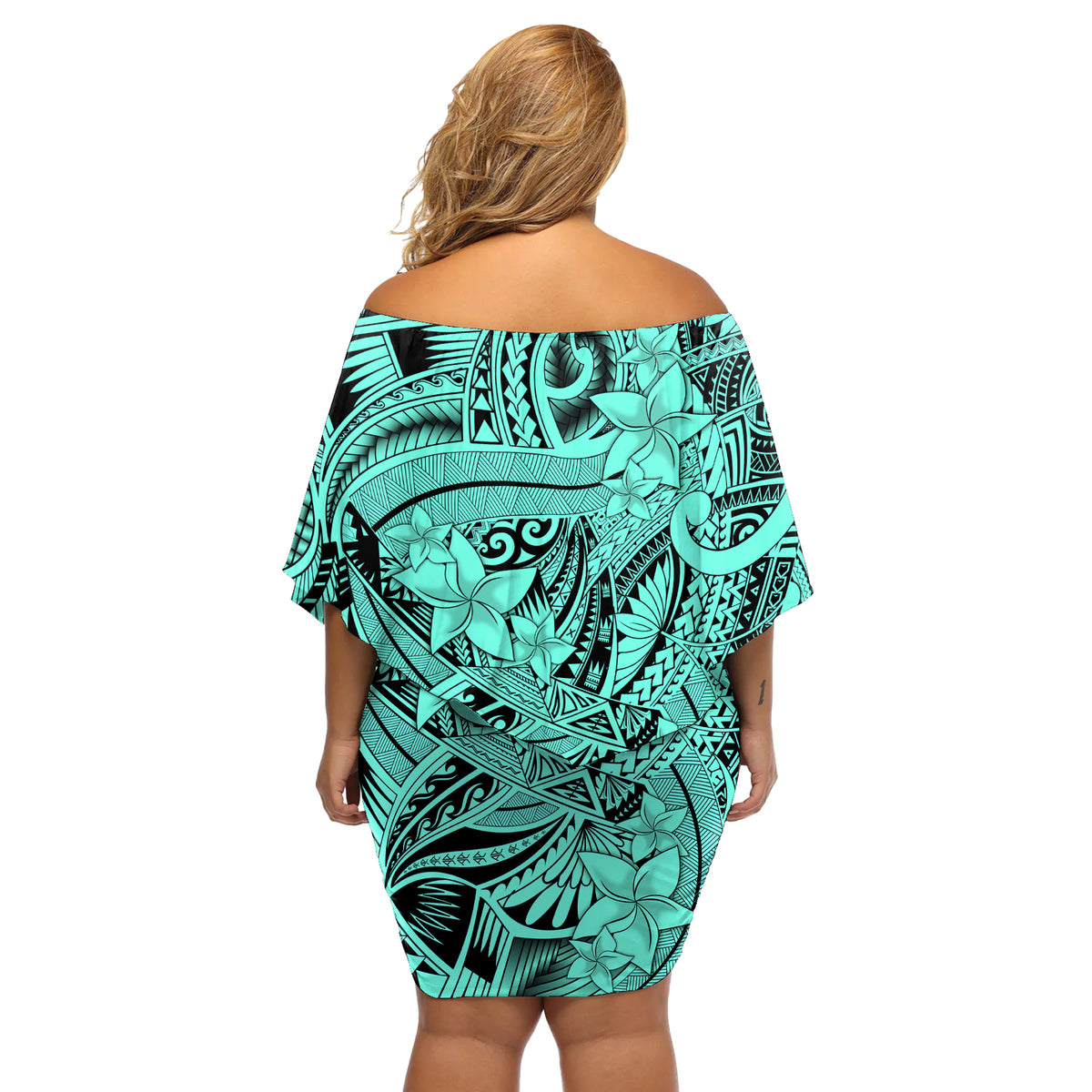 Polynesia Off Shoulder Short Dress Tribal Polynesian Spirit With Teal Pacific Flowers - Wonder Print Shop