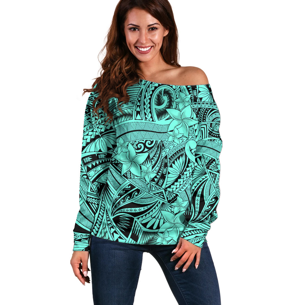 Polynesia Off Shoulder Sweater Tribal Polynesian Spirit With Teal Pacific Flowers - Wonder Print Shop