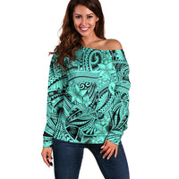 Polynesia Off Shoulder Sweater Tribal Polynesian Spirit With Teal Pacific Flowers - Wonder Print Shop
