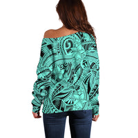 Polynesia Off Shoulder Sweater Tribal Polynesian Spirit With Teal Pacific Flowers - Wonder Print Shop