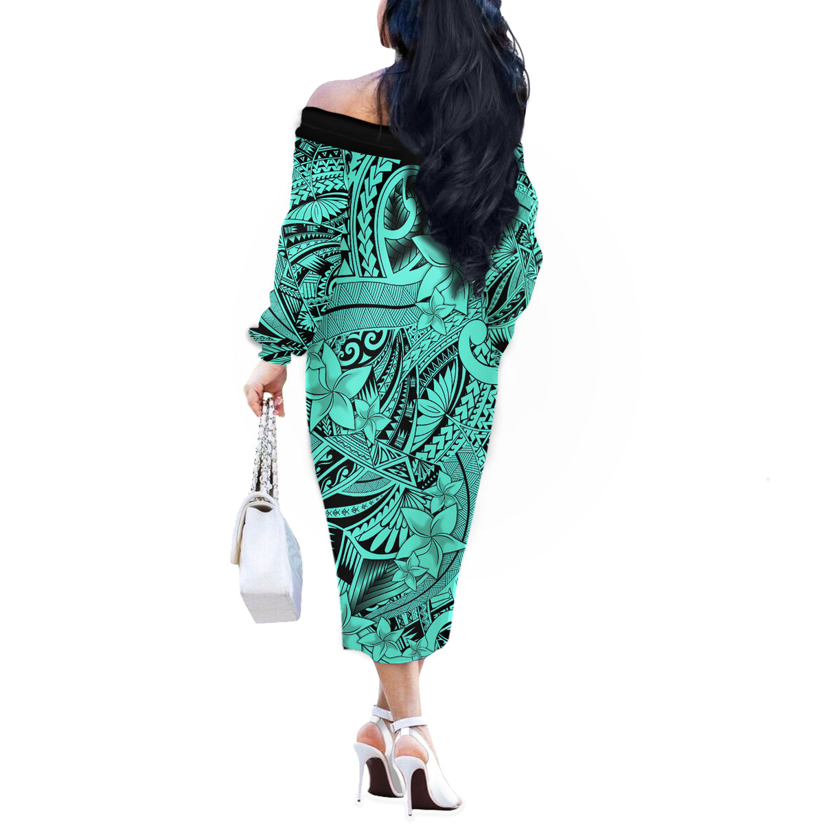 Polynesia Off The Shoulder Long Sleeve Dress Tribal Polynesian Spirit With Teal Pacific Flowers - Wonder Print Shop