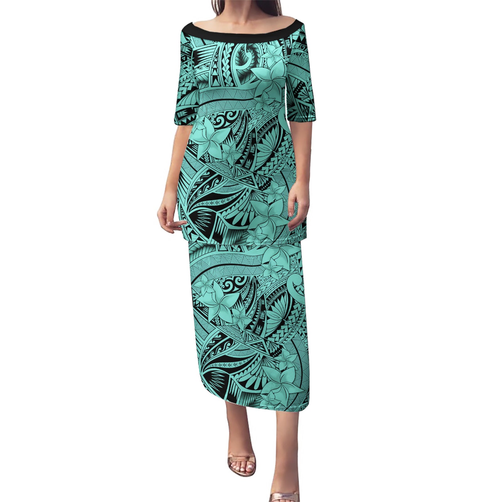 Polynesia Puletasi Tribal Polynesian Spirit With Teal Pacific Flowers - Wonder Print Shop