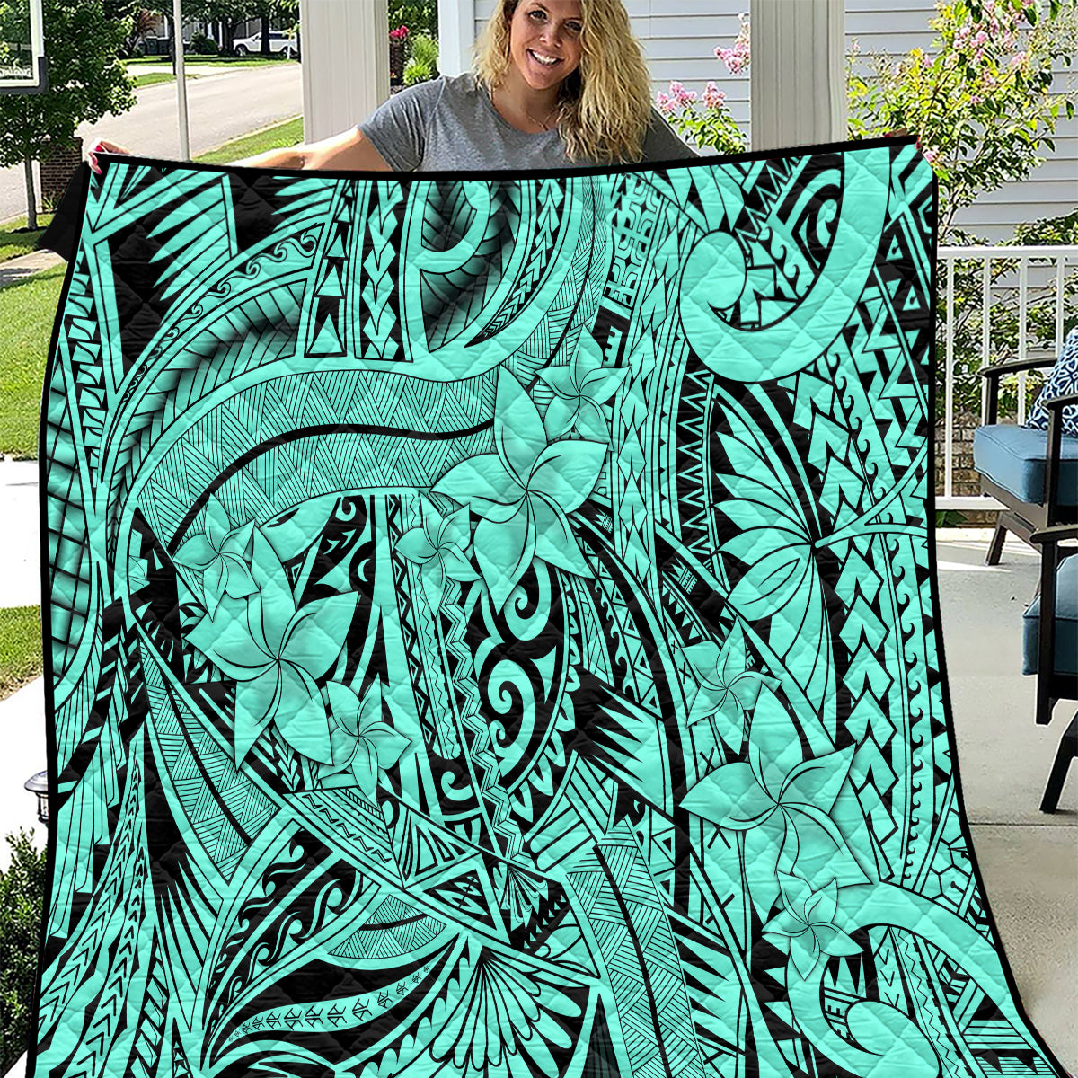 Polynesia Quilt Tribal Polynesian Spirit With Teal Pacific Flowers - Wonder Print Shop