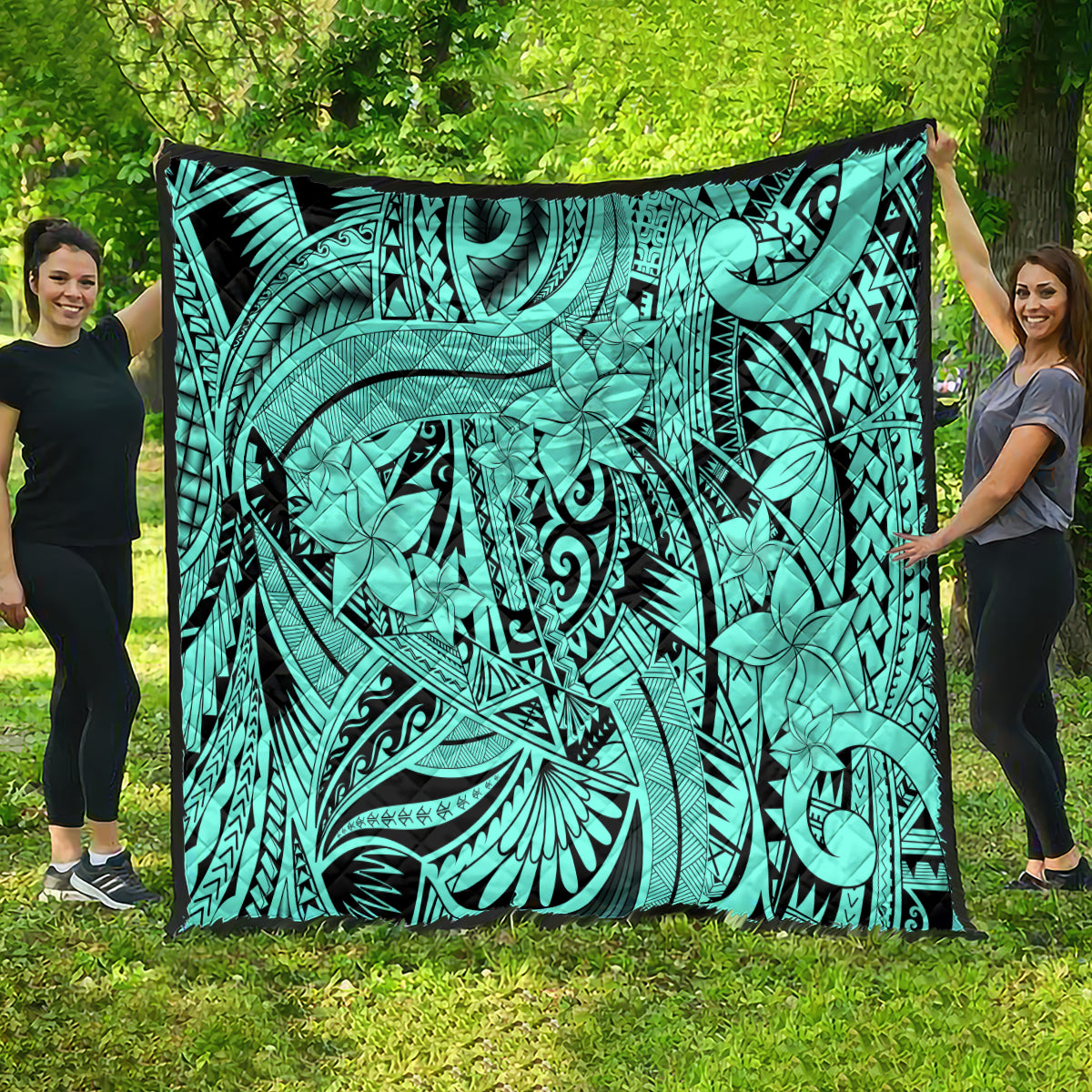 Polynesia Quilt Tribal Polynesian Spirit With Teal Pacific Flowers - Wonder Print Shop