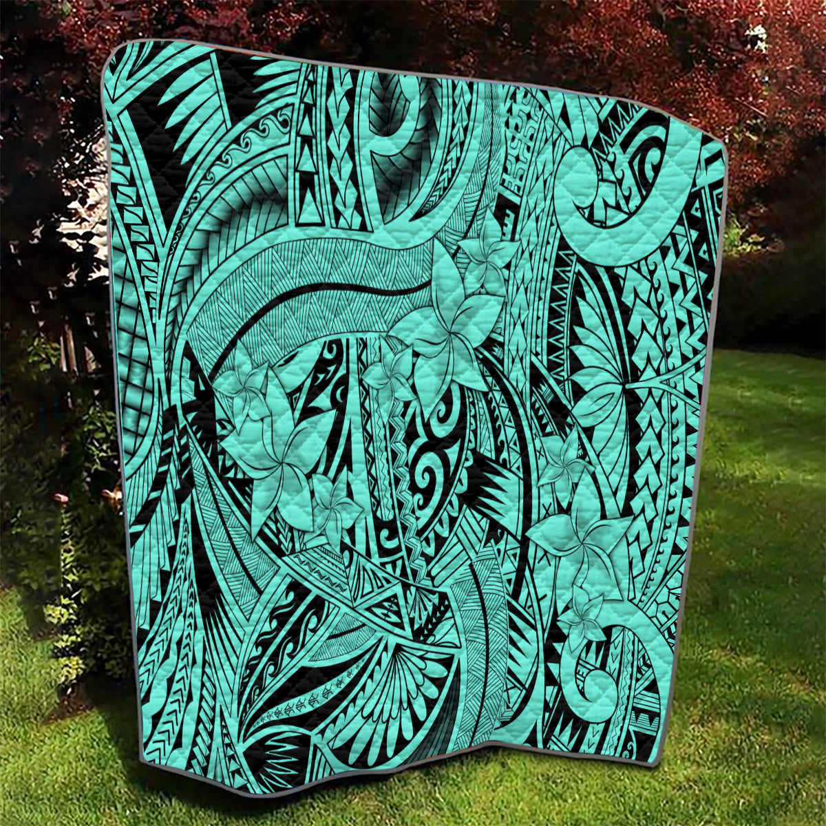 Polynesia Quilt Tribal Polynesian Spirit With Teal Pacific Flowers - Wonder Print Shop