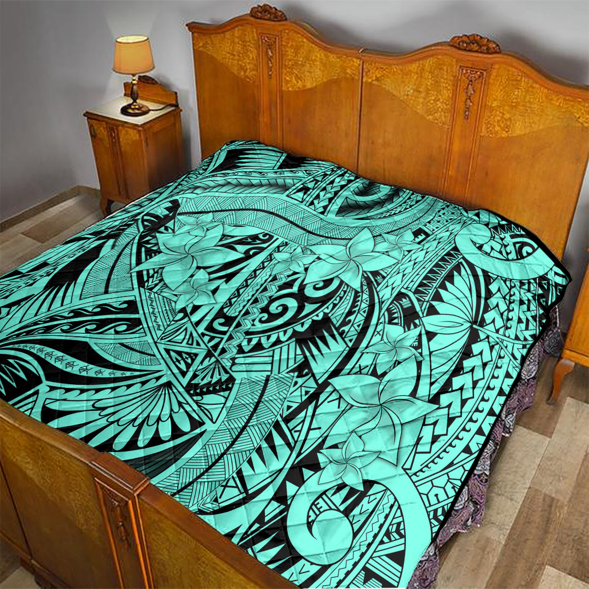 Polynesia Quilt Tribal Polynesian Spirit With Teal Pacific Flowers - Wonder Print Shop