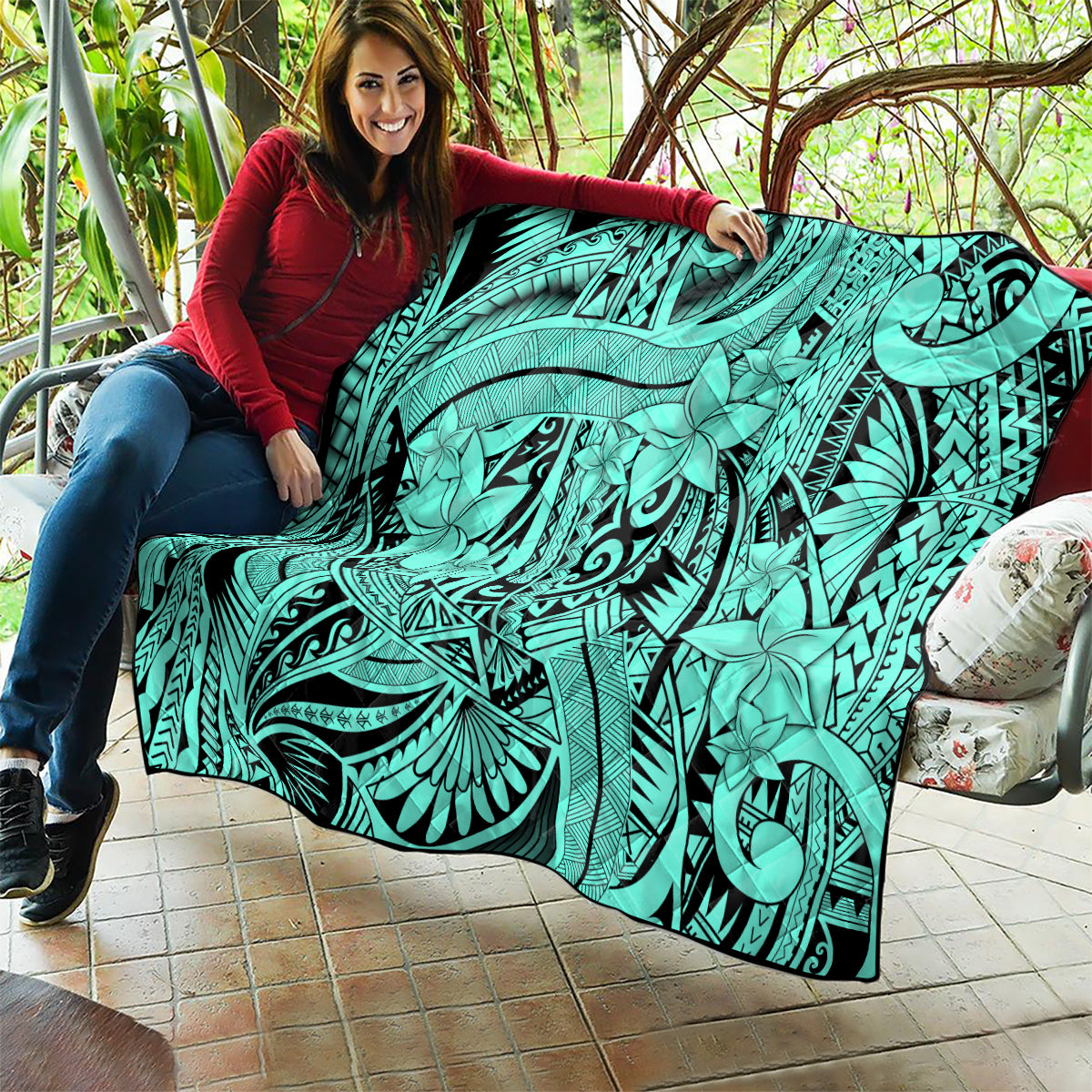 Polynesia Quilt Tribal Polynesian Spirit With Teal Pacific Flowers - Wonder Print Shop