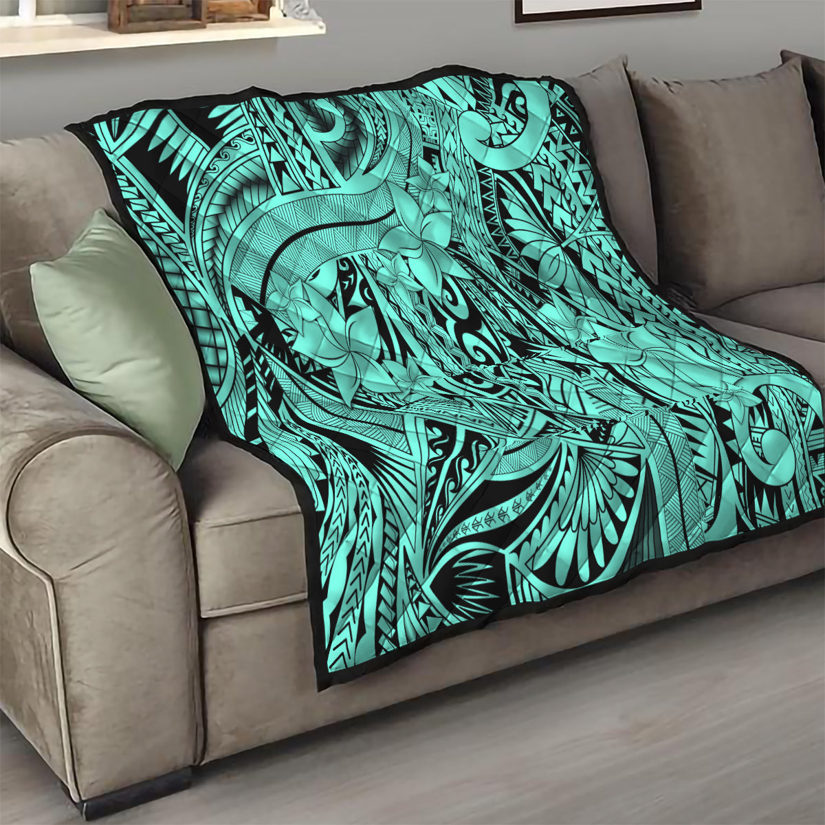 Polynesia Quilt Tribal Polynesian Spirit With Teal Pacific Flowers - Wonder Print Shop
