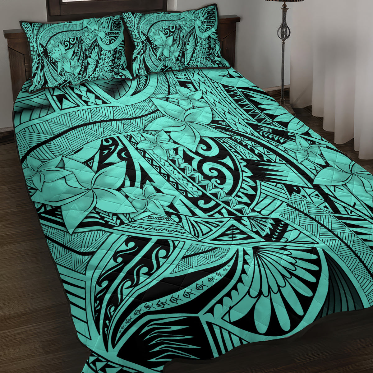 Polynesia Quilt Bed Set Tribal Polynesian Spirit With Teal Pacific Flowers - Wonder Print Shop