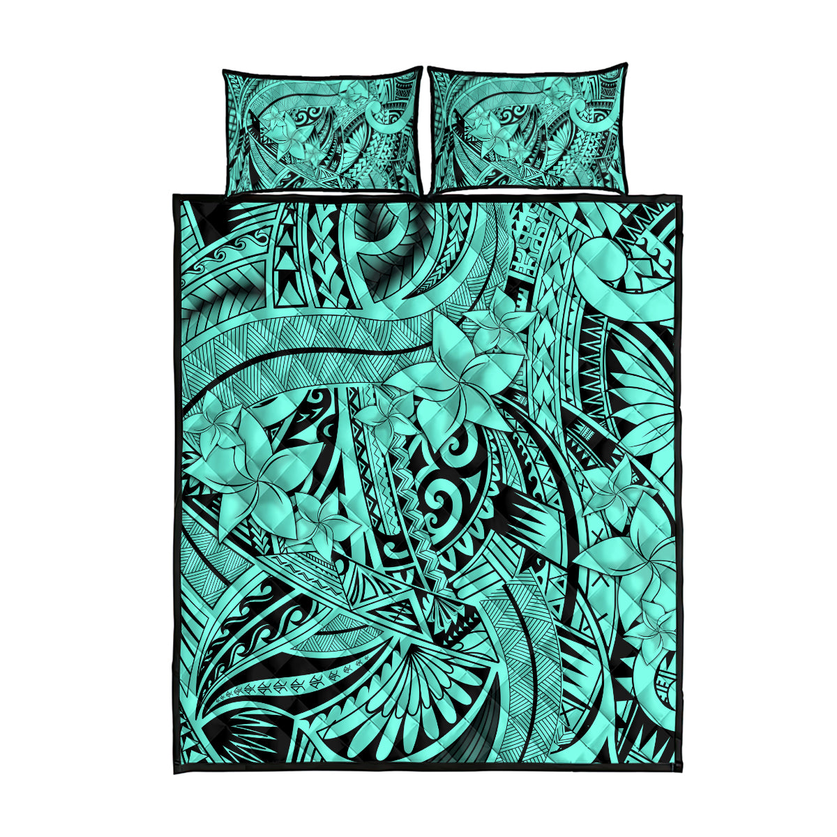 Polynesia Quilt Bed Set Tribal Polynesian Spirit With Teal Pacific Flowers - Wonder Print Shop