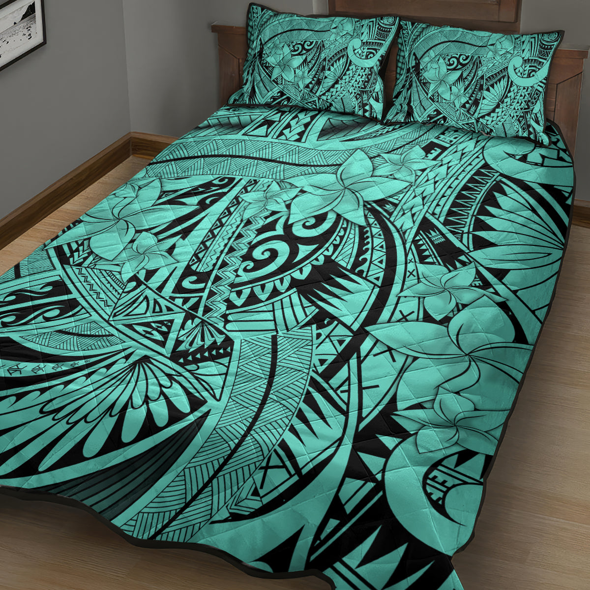 Polynesia Quilt Bed Set Tribal Polynesian Spirit With Teal Pacific Flowers - Wonder Print Shop
