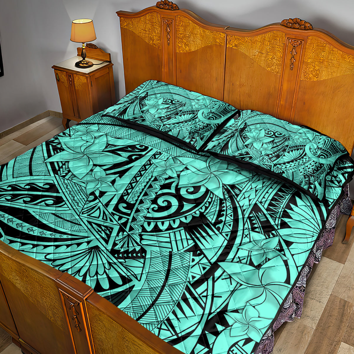 Polynesia Quilt Bed Set Tribal Polynesian Spirit With Teal Pacific Flowers - Wonder Print Shop