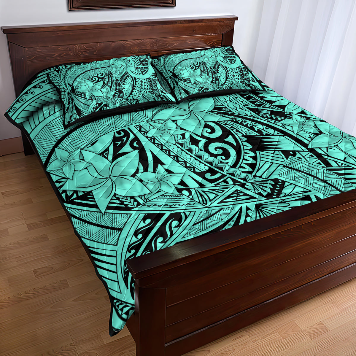 Polynesia Quilt Bed Set Tribal Polynesian Spirit With Teal Pacific Flowers - Wonder Print Shop