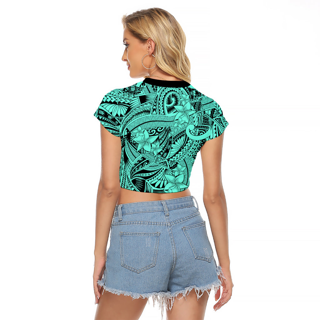 Polynesia Raglan Cropped T Shirt Tribal Polynesian Spirit With Teal Pacific Flowers - Wonder Print Shop