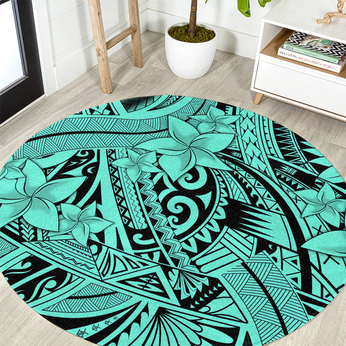 Polynesia Round Carpet Tribal Polynesian Spirit With Teal Pacific Flowers LT9