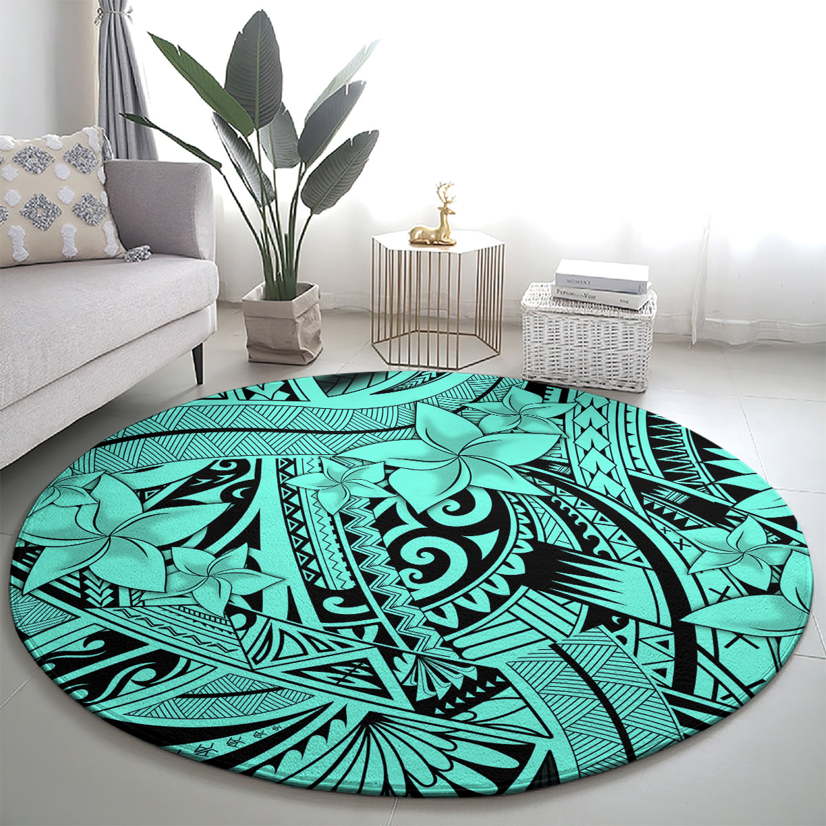Polynesia Round Carpet Tribal Polynesian Spirit With Teal Pacific Flowers LT9