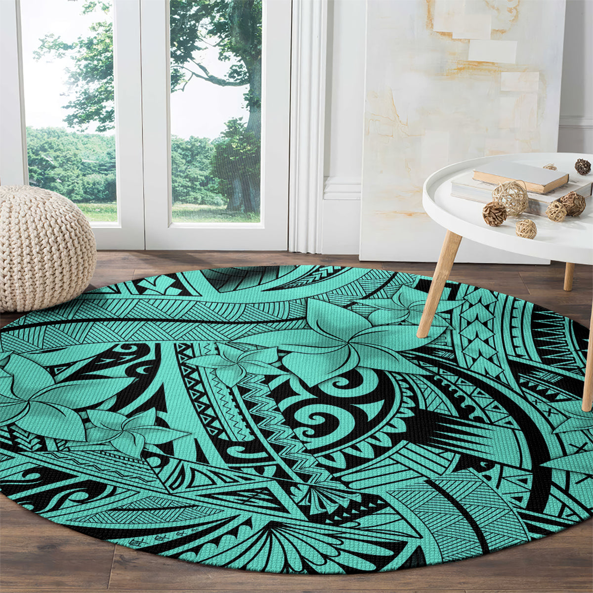 Polynesia Round Carpet Tribal Polynesian Spirit With Teal Pacific Flowers LT9
