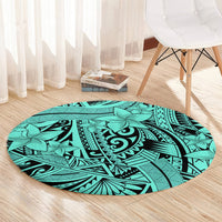 Polynesia Round Carpet Tribal Polynesian Spirit With Teal Pacific Flowers LT9