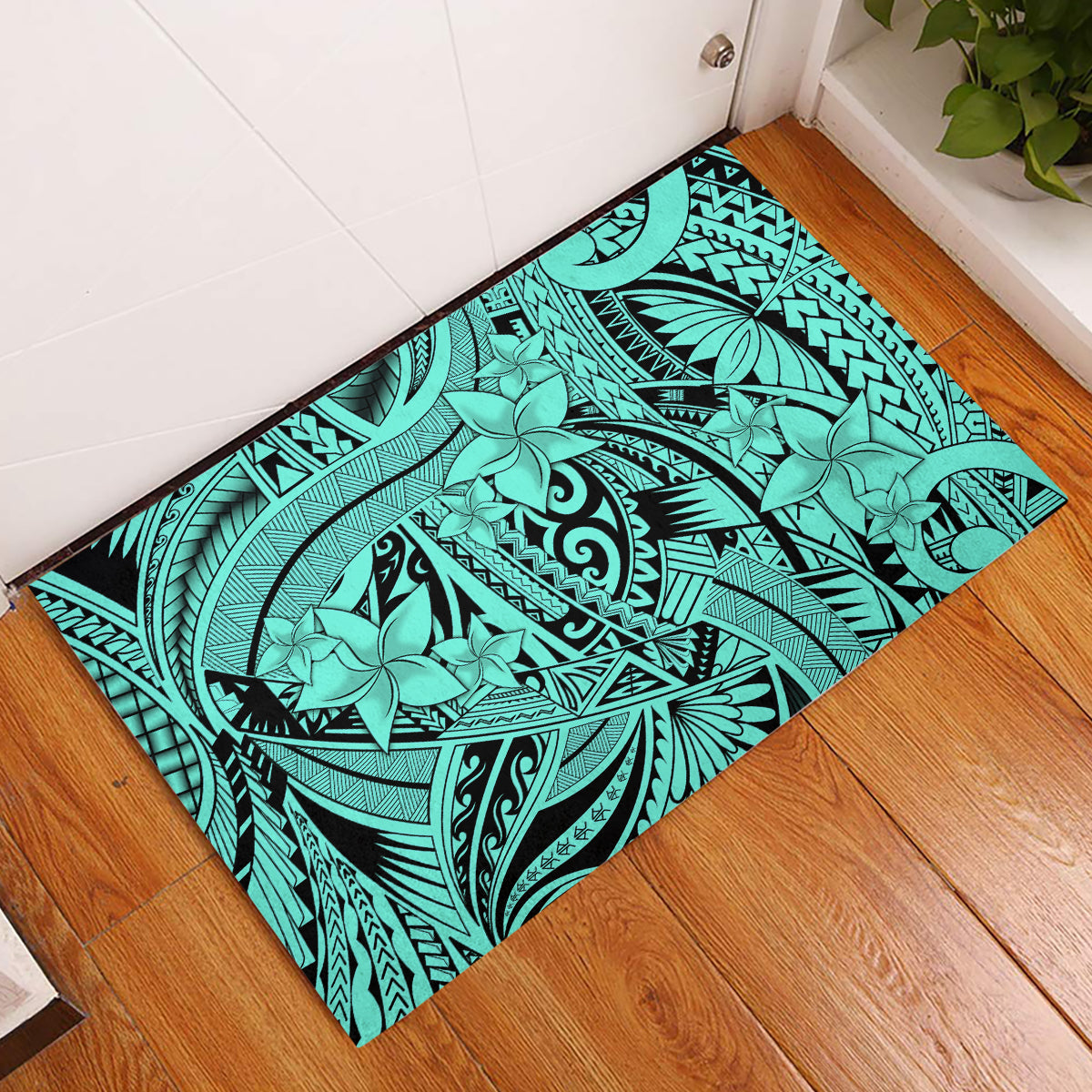 Polynesia Rubber Doormat Tribal Polynesian Spirit With Teal Pacific Flowers - Wonder Print Shop