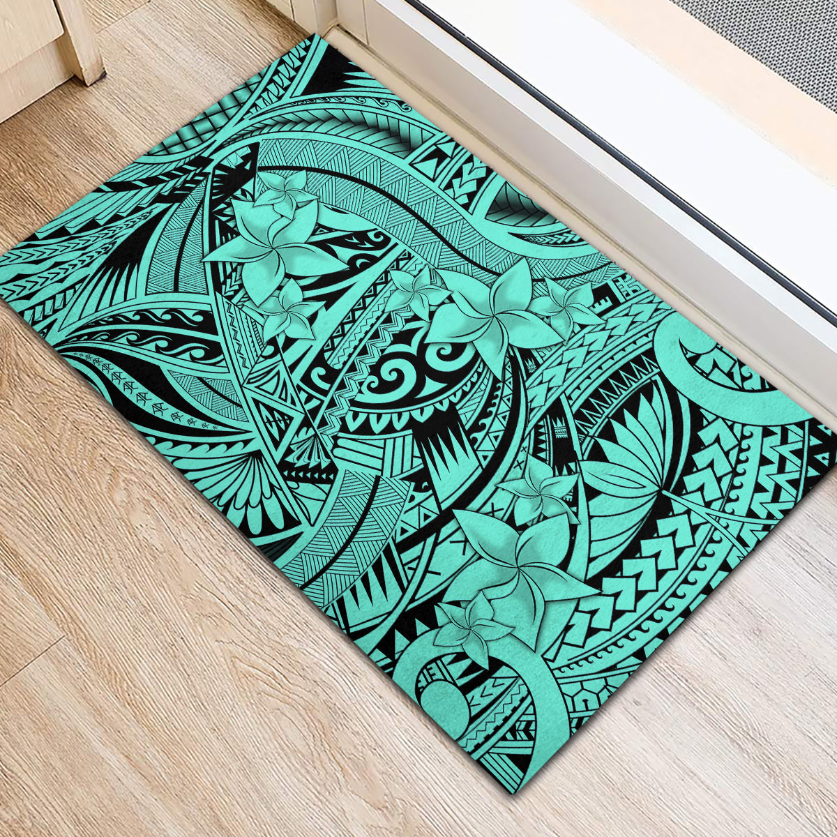 Polynesia Rubber Doormat Tribal Polynesian Spirit With Teal Pacific Flowers - Wonder Print Shop