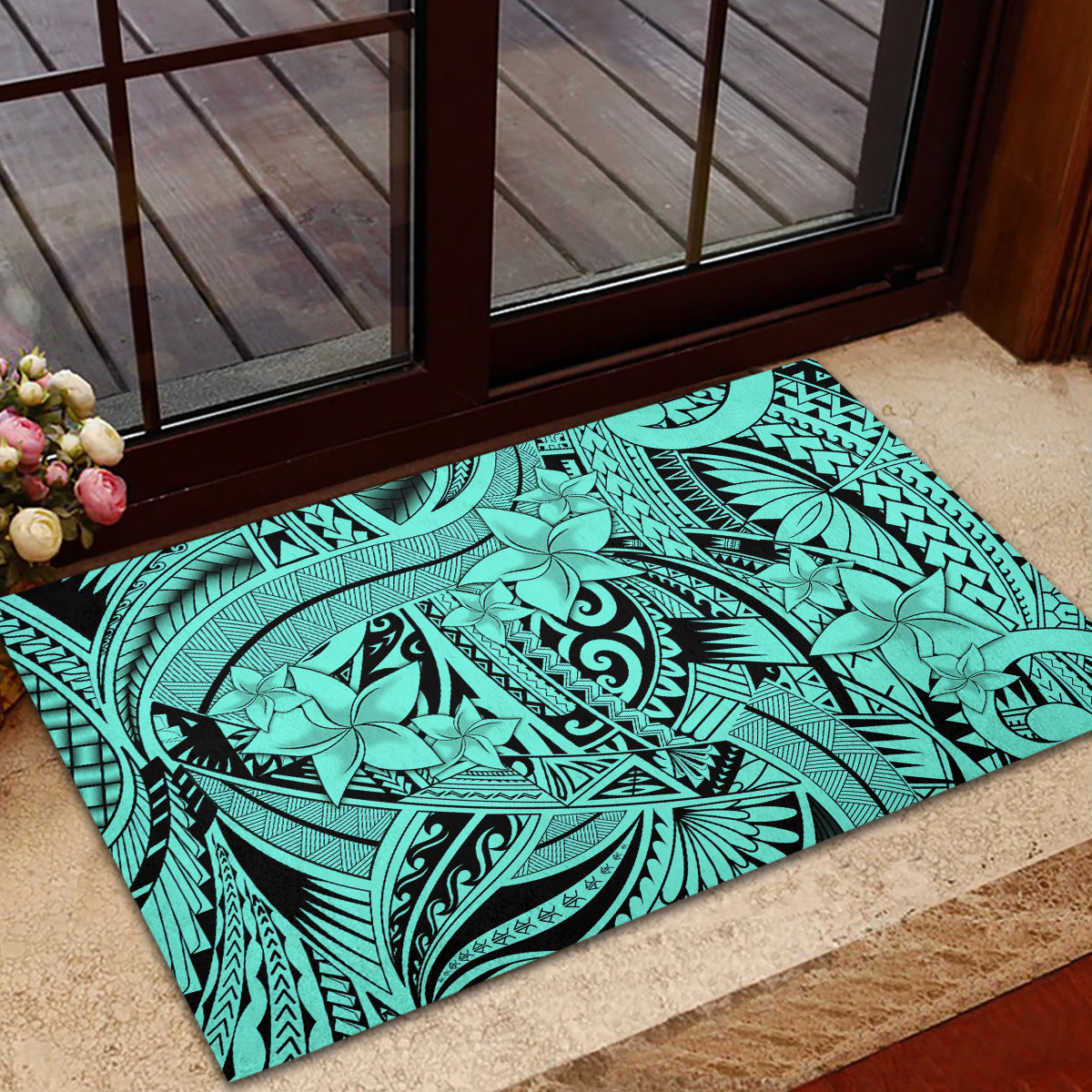 Polynesia Rubber Doormat Tribal Polynesian Spirit With Teal Pacific Flowers - Wonder Print Shop