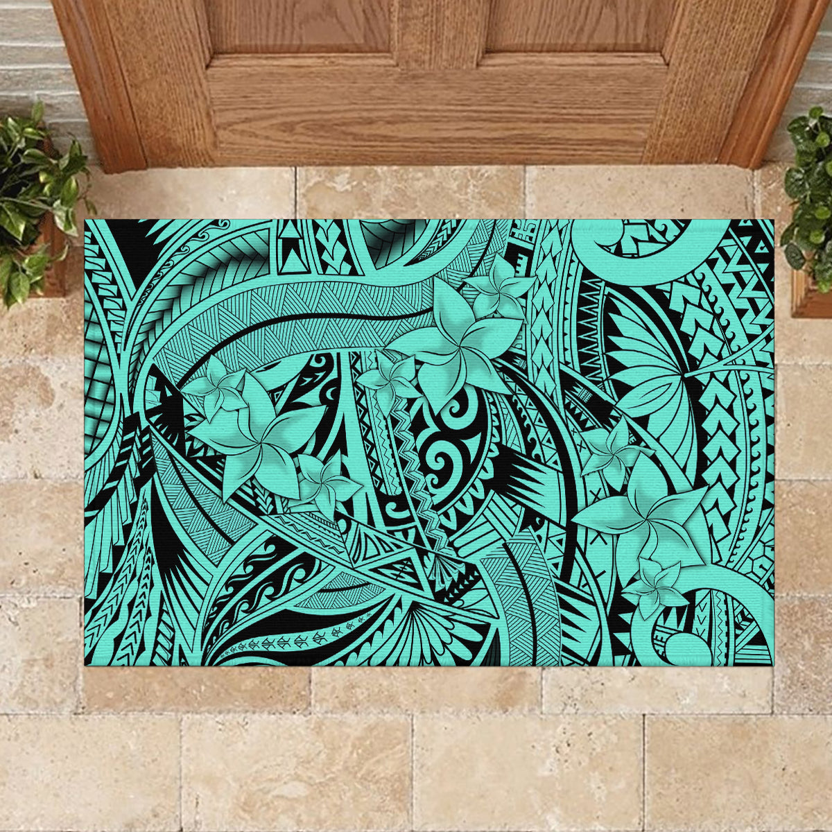 Polynesia Rubber Doormat Tribal Polynesian Spirit With Teal Pacific Flowers - Wonder Print Shop