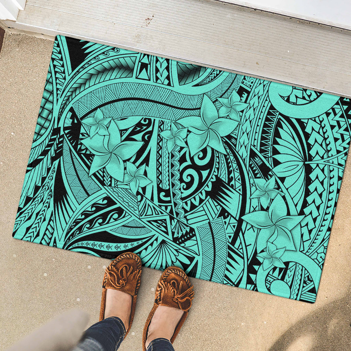 Polynesia Rubber Doormat Tribal Polynesian Spirit With Teal Pacific Flowers - Wonder Print Shop