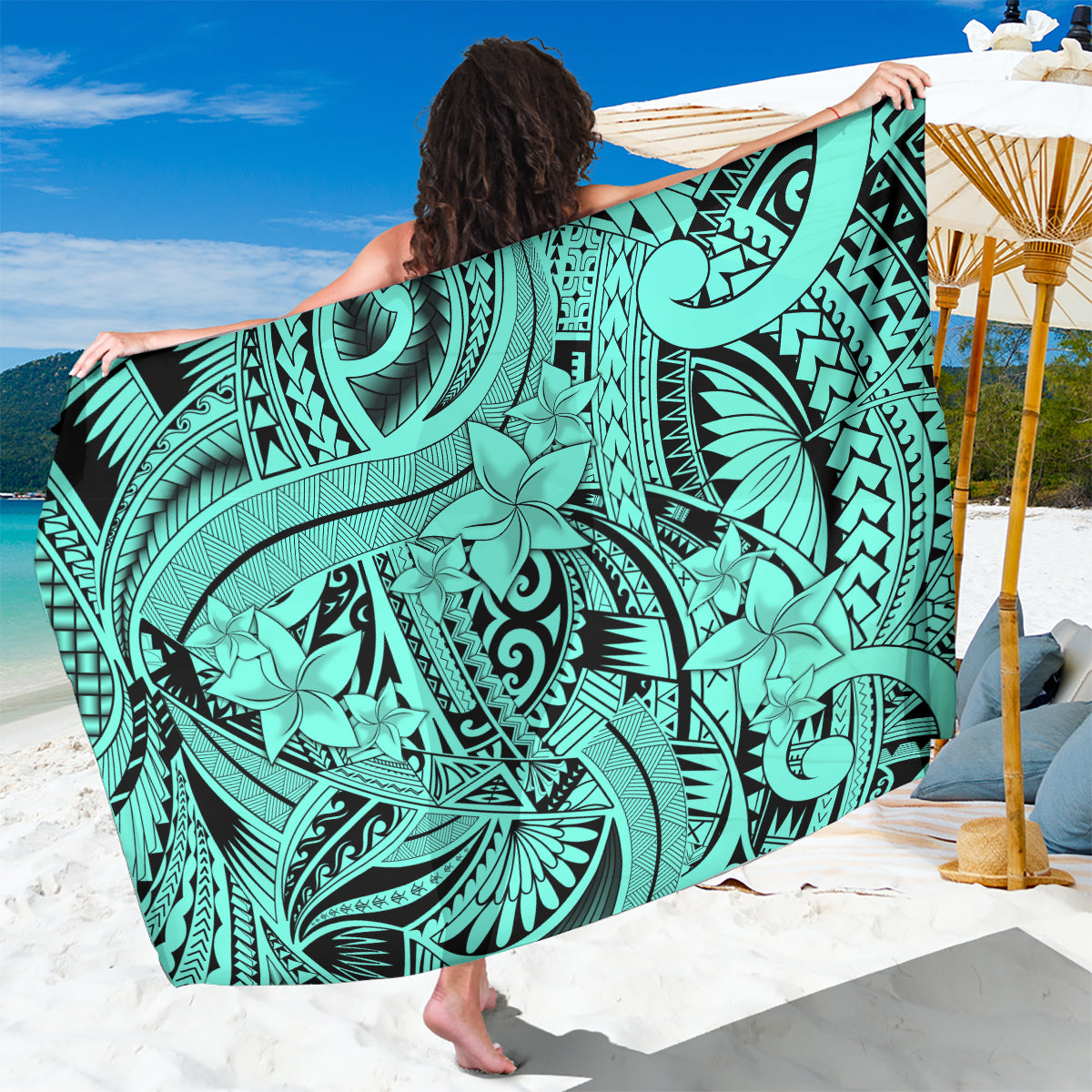 Polynesia Sarong Tribal Polynesian Spirit With Teal Pacific Flowers - Wonder Print Shop