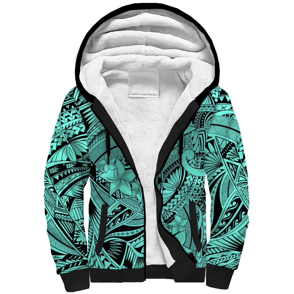 Polynesia Sherpa Hoodie Tribal Polynesian Spirit With Teal Pacific Flowers - Wonder Print Shop