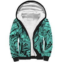 Polynesia Sherpa Hoodie Tribal Polynesian Spirit With Teal Pacific Flowers - Wonder Print Shop